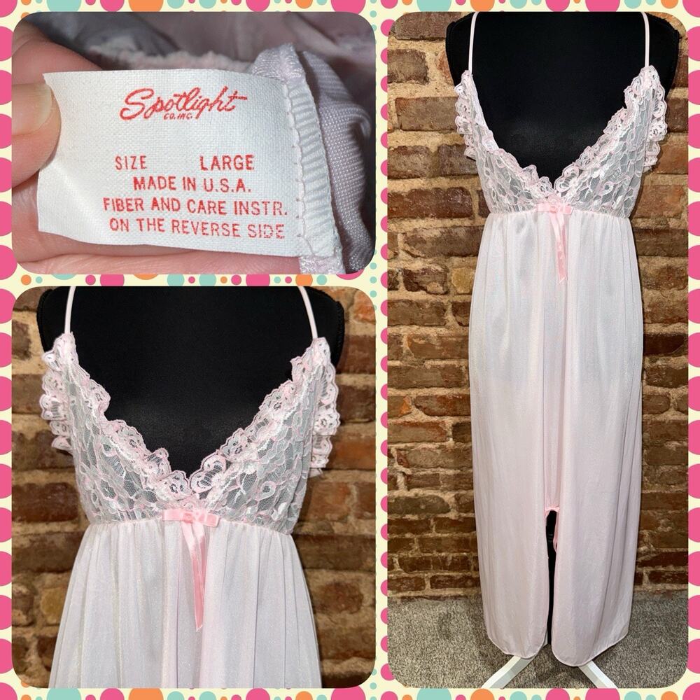 Vintage GIRLY Pink Lace Nylon Nightgown Empire Waist Slip Dress Sz L Bow 80’s